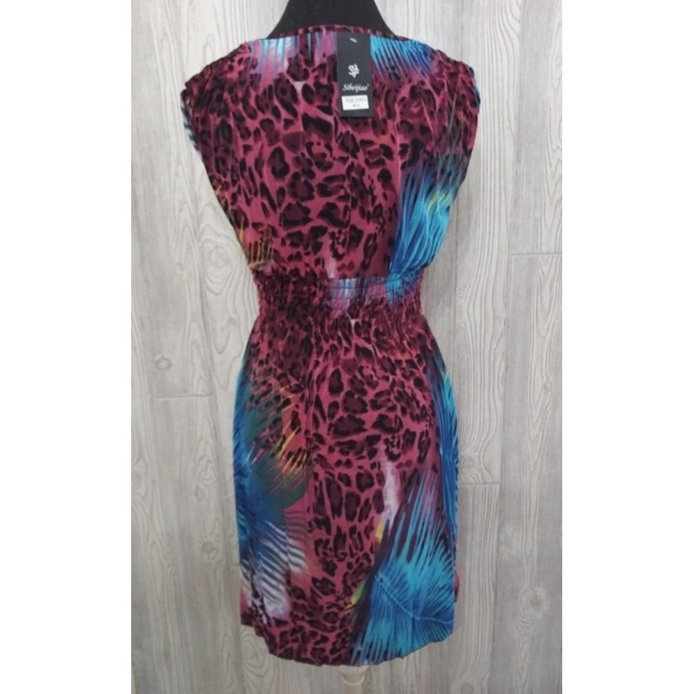 NWT V-Neck Maui Jungle Gray Cheetah Blue Red Stretch Sundress Midi Dress XL 04 - Picture 2 of 2